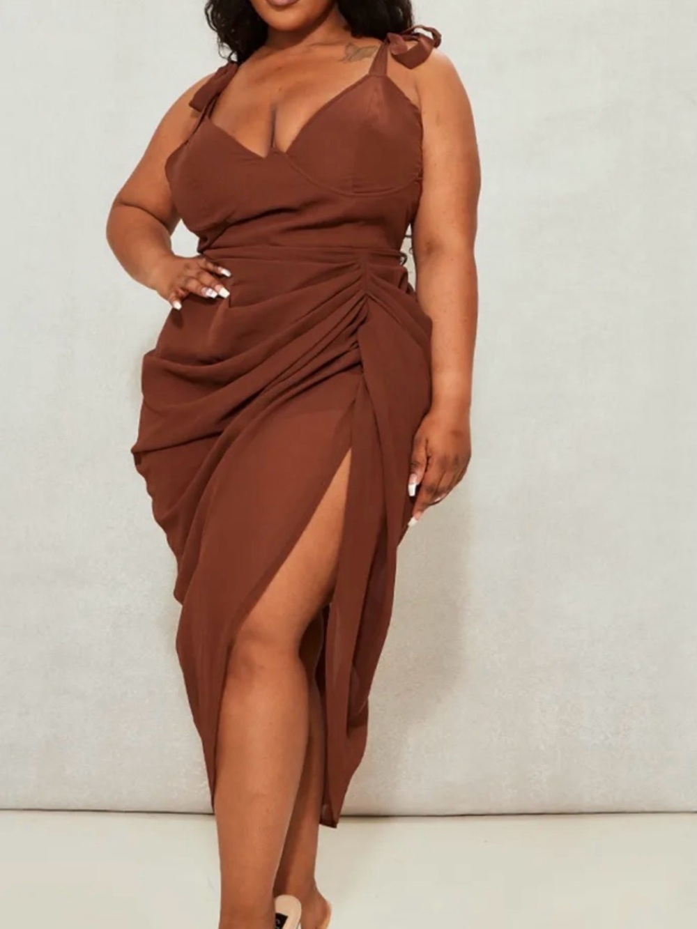NWT!-Plus-Size Underwire Tie-Shoulder Ruched Midi Wrap Dress